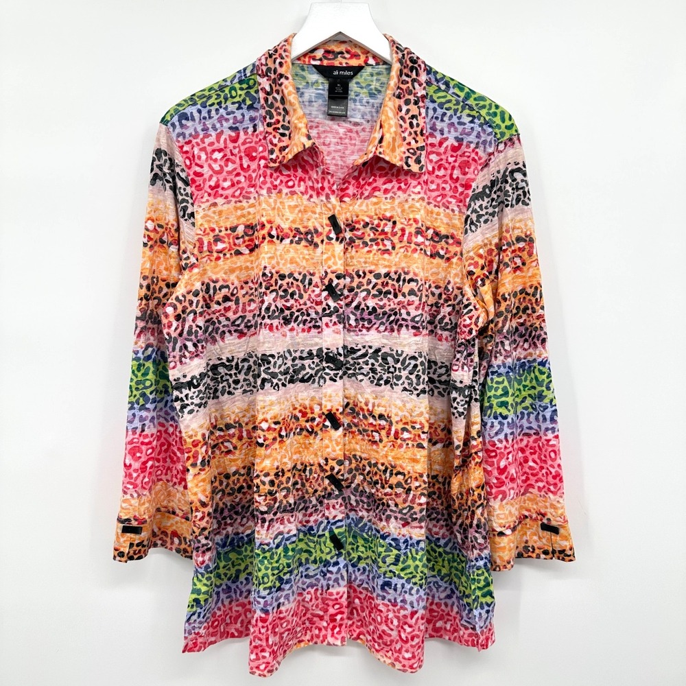 Ali Miles Tunic Top Shirt‎ Size XL Rainbow Animal Print Stretch Crinkle Festival